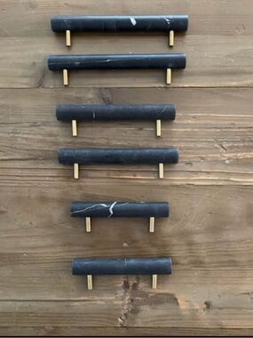 Set of 6 CB2 honed black marble and brass drawer pulls